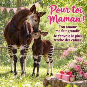 Une mère okapi pose tendrement son museau sur le front de son petit dans un décor de fête fleuri, avec le texte « Pour toi, Maman ! Ton amour me fait grandir. Je t’envoie le plus tendre des câlins ! ».