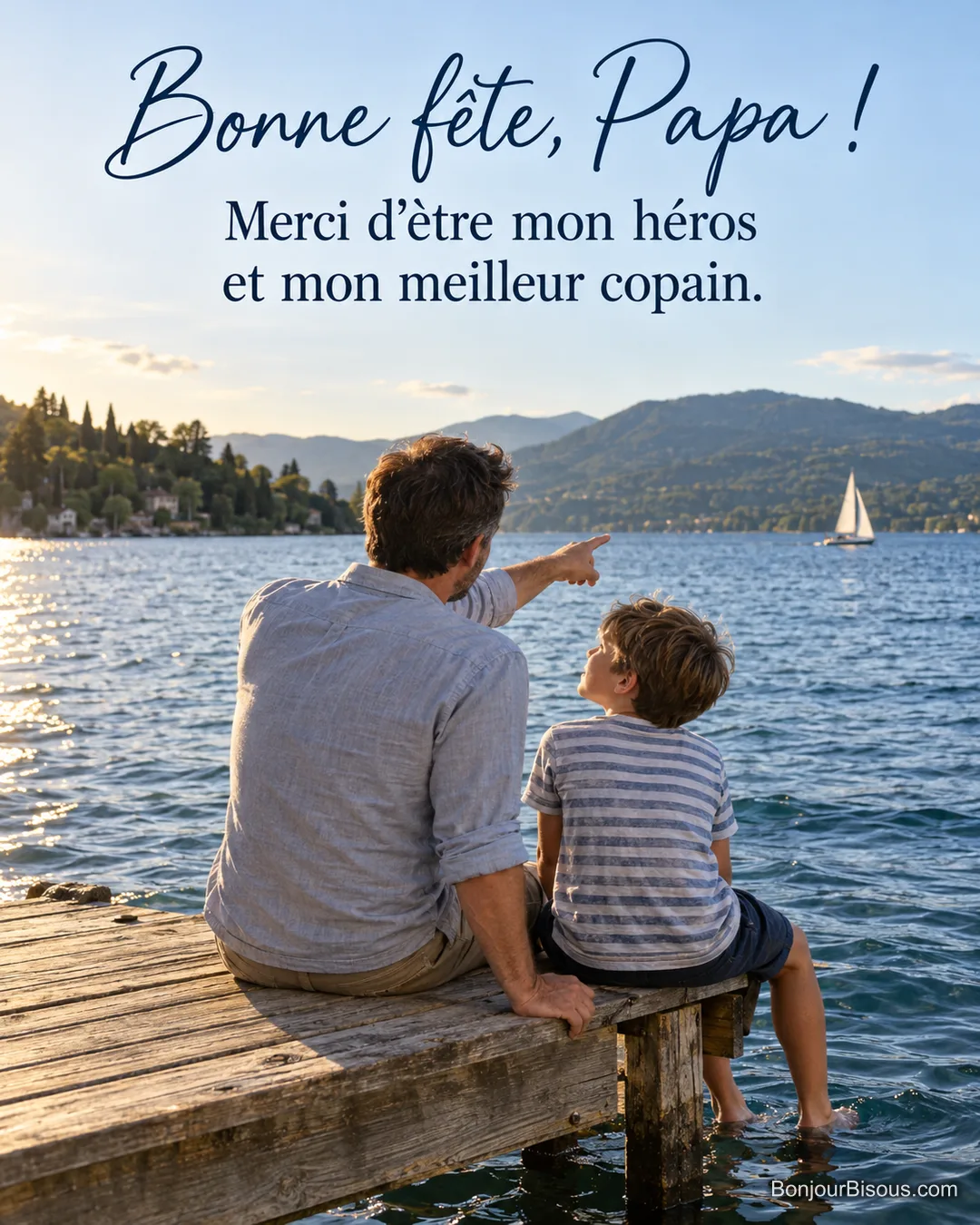 Photo d’un père et de son fils vus de dos, assis sur un ponton les pieds dans l’eau d’un lac, le père montre un voilier au loin, avec le texte « Bonne fête, Papa ! Merci d’être mon héros et mon meilleur copain. » Photo d’un père et de son fils vus de dos, assis sur un ponton les pieds dans l’eau d’un lac, le père montre un voilier au loin, avec le texte « Bonne fête, Papa ! Merci d’être mon héros et mon meilleur copain. »
