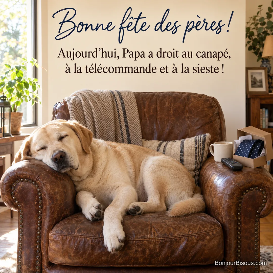 Photo d’un labrador endormi dans un fauteuil club en cuir, avec une tasse de café, une télécommande et une cravate dans sa boîte sur l’accoudoir, avec le texte « Bonne fête des pères ! Aujourd’hui, Papa a droit au canapé, à la télécommande et à la sieste ! » Photo d’un labrador endormi dans un fauteuil club en cuir, avec une tasse de café, une télécommande et une cravate dans sa boîte sur l’accoudoir, avec le texte « Bonne fête des pères ! Aujourd’hui, Papa a droit au canapé, à la télécommande et à la sieste ! »