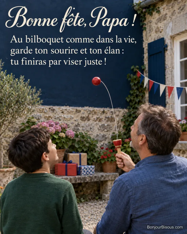 Un papa et son fils s’amusent au bilboquet dans une cour décorée pour la fête des pères, avec le texte « Bonne fête, Papa ! Au bilboquet comme dans la vie, garde ton sourire et ton élan : tu finiras par viser juste ! ».