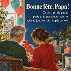 Une fille offre à son papa une cravate en origami rouge dans un salon de fête, avec le texte « Bonne fête, Papa ! Ce petit pli de papier porte tout mon amour pour toi. Que ta journée soit remplie de joie ! ».