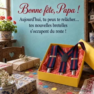 Des bretelles rayées débordent joyeusement d’un coffret cadeau jaune, avec le texte « Bonne fête, Papa ! Aujourd’hui, tu peux te relâcher… tes nouvelles bretelles s’occupent du reste ! ».