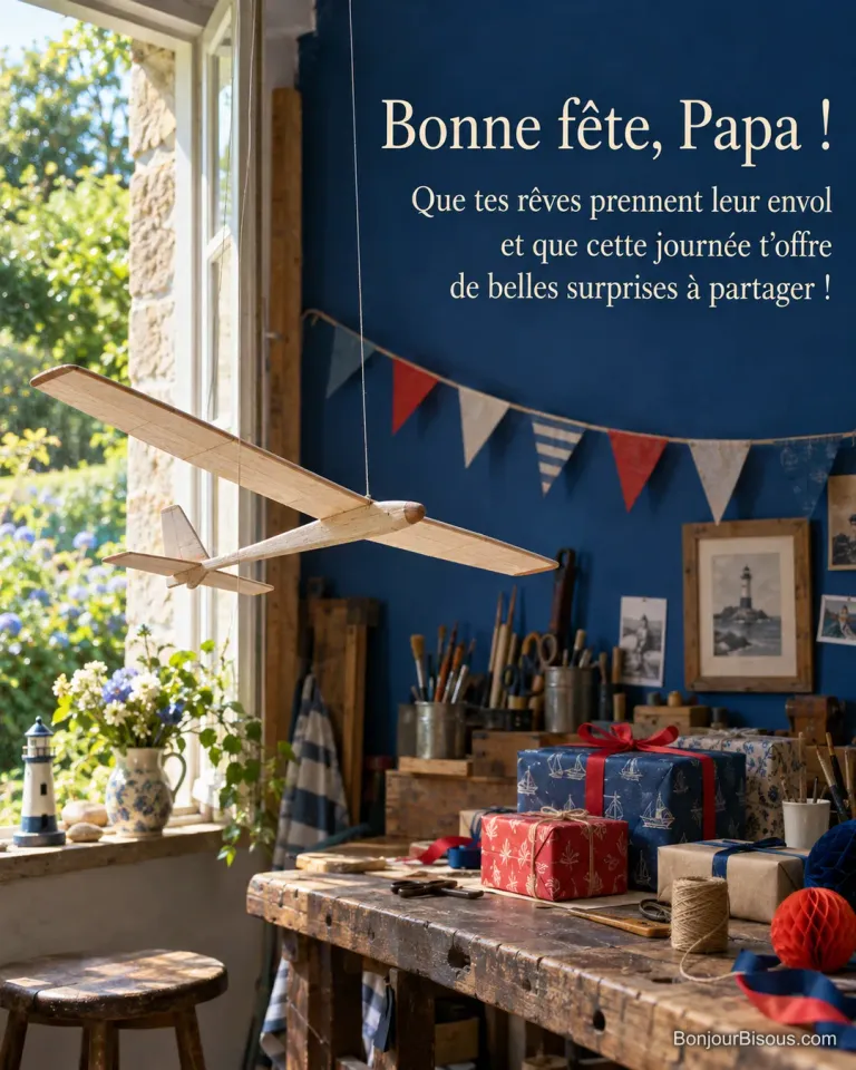 Une maquette de planeur en balsa flotte au-dessus des cadeaux dans un atelier décoré, avec le texte « Bonne fête, Papa ! Que tes rêves prennent leur envol et que cette journée t’offre de belles surprises à partager ! ».