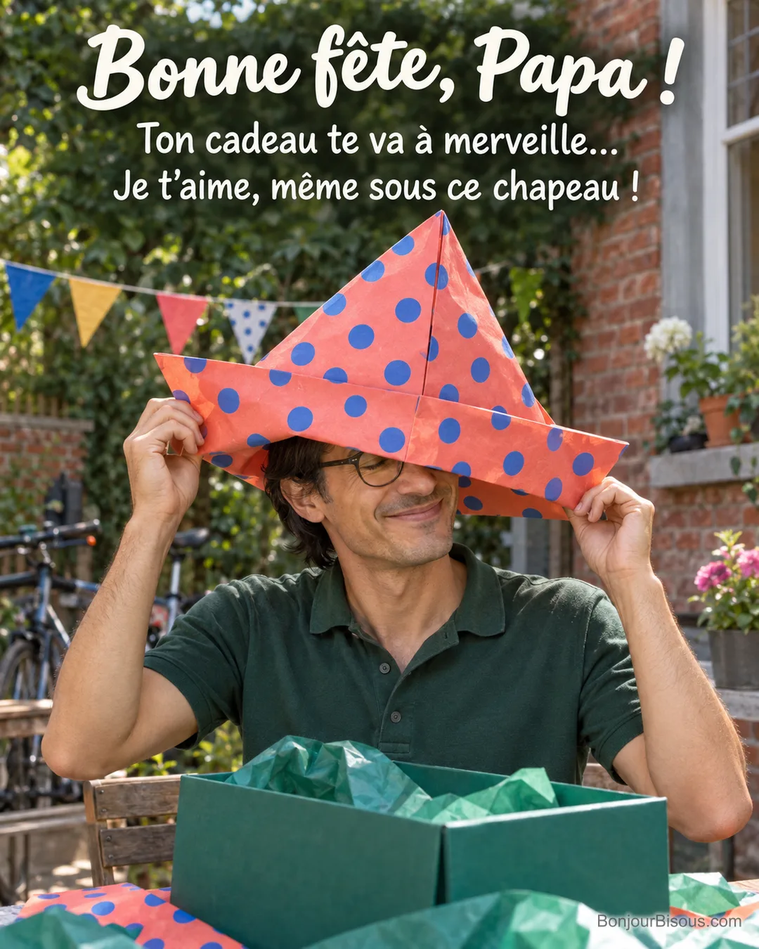 Un papa souriant retient son immense chapeau de papier cadeau devant une boîte ouverte, avec le texte « Bonne fête, Papa ! Ton cadeau te va à merveille… Je t’aime, même sous ce chapeau ! ». Un papa souriant retient son immense chapeau de papier cadeau devant une boîte ouverte, avec le texte « Bonne fête, Papa ! Ton cadeau te va à merveille… Je t’aime, même sous ce chapeau ! ».
