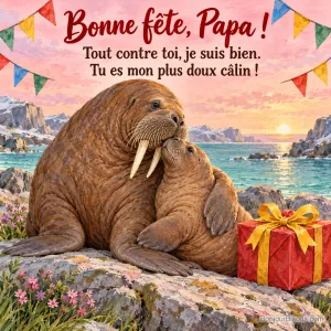 Un petit morse se blottit contre son père, près d’un cadeau et de fanions colorés, avec le texte « Bonne fête, Papa ! Tout contre toi, je suis bien. Tu es mon plus doux câlin ! ».