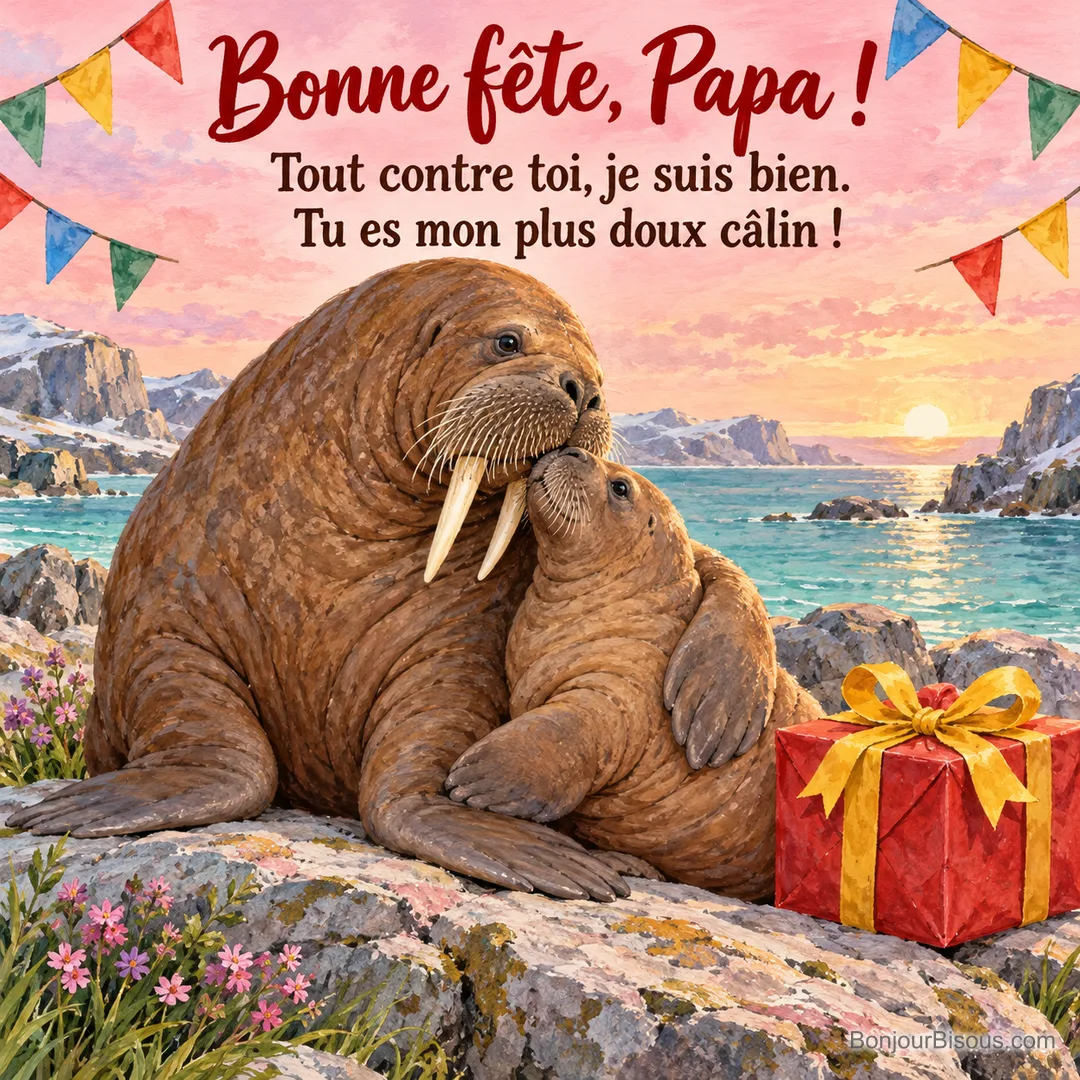 Un petit morse se blottit contre son père, près d’un cadeau et de fanions colorés, avec le texte « Bonne fête, Papa ! Tout contre toi, je suis bien. Tu es mon plus doux câlin ! ». Un petit morse se blottit contre son père, près d’un cadeau et de fanions colorés, avec le texte « Bonne fête, Papa ! Tout contre toi, je suis bien. Tu es mon plus doux câlin ! ».