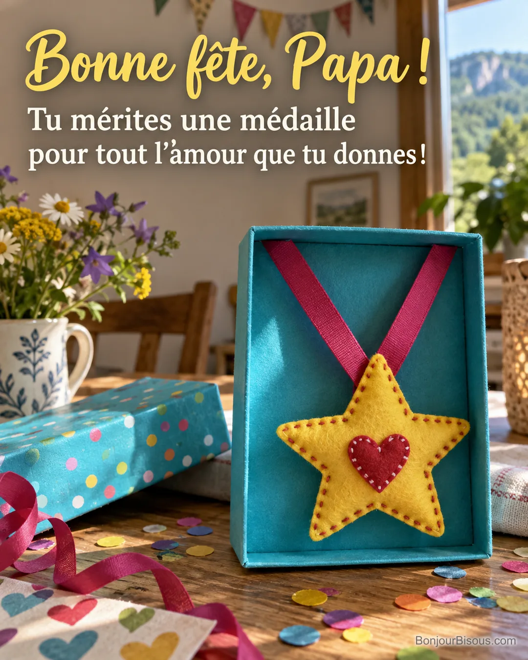 Une médaille étoilée en feutrine jaune portant un cœur rouge est suspendue dans une boîte cadeau turquoise, avec le texte « Bonne fête, Papa ! Tu mérites une médaille pour tout l’amour que tu donnes ! ». Une médaille étoilée en feutrine jaune portant un cœur rouge est suspendue dans une boîte cadeau turquoise, avec le texte « Bonne fête, Papa ! Tu mérites une médaille pour tout l’amour que tu donnes ! ».