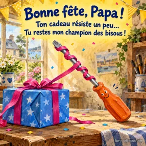 Un tournevis orange s’empêtre dans le ruban fuchsia d’un cadeau bleu, avec le texte « Bonne fête, Papa ! Ton cadeau résiste un peu… Tu restes mon champion des bisous ! ».