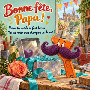 Une clé à molette orange arbore une énorme moustache de laine près d’un cadeau de fête, avec le texte « Bonne fête, Papa ! Même tes outils se font beaux… Toi, tu restes mon champion des bisous ! ».