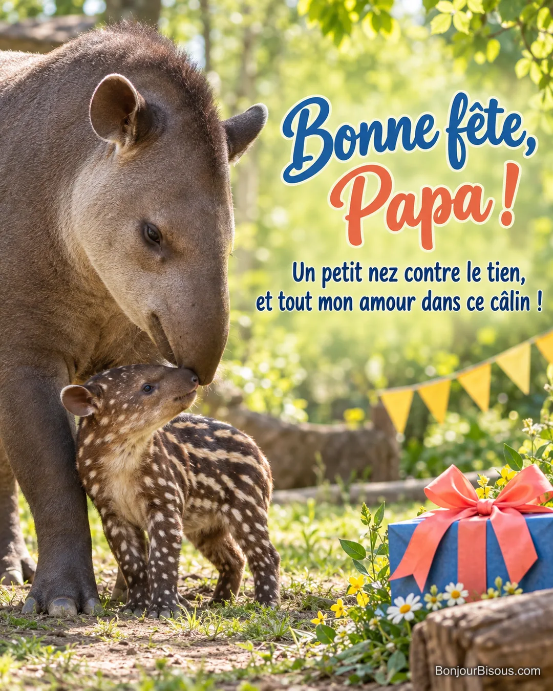 Un petit tapir au pelage rayé se blottit contre un adulte et touche tendrement son museau, avec le texte « Bonne fête, Papa ! Un petit nez contre le tien, et tout mon amour dans ce câlin ! ». Un petit tapir au pelage rayé se blottit contre un adulte et touche tendrement son museau, avec le texte « Bonne fête, Papa ! Un petit nez contre le tien, et tout mon amour dans ce câlin ! ».