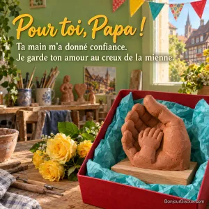 Une grande et une petite empreinte de main en argile s’unissent dans un coffret cadeau fleuri, avec le texte « Pour toi, Papa ! Ta main m’a donné confiance. Je garde ton amour au creux de la mienne. ».