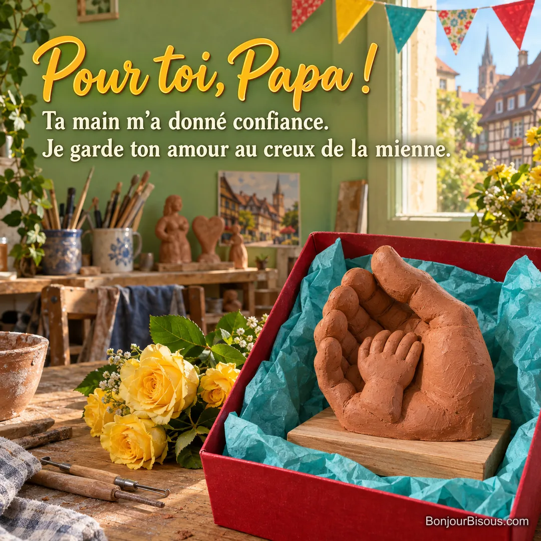 Une grande et une petite empreinte de main en argile s’unissent dans un coffret cadeau fleuri, avec le texte « Pour toi, Papa ! Ta main m’a donné confiance. Je garde ton amour au creux de la mienne. ». Une grande et une petite empreinte de main en argile s’unissent dans un coffret cadeau fleuri, avec le texte « Pour toi, Papa ! Ta main m’a donné confiance. Je garde ton amour au creux de la mienne. ».