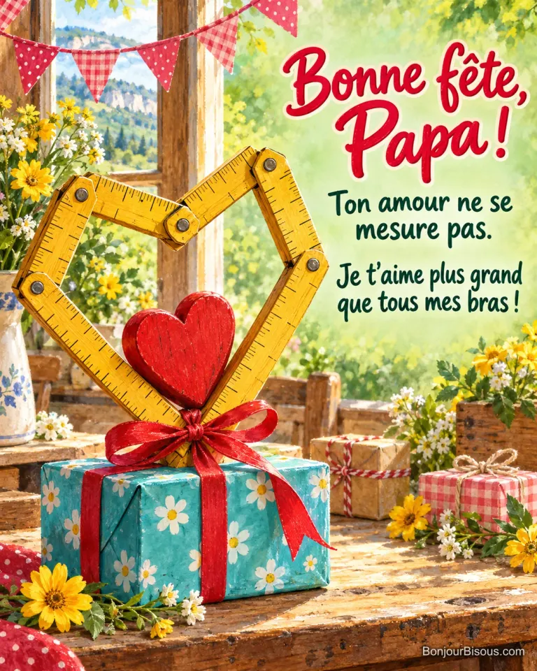 Une règle pliante de menuisier forme un grand cœur autour d’un petit cœur rouge dans un décor de fête, avec le texte « Bonne fête, Papa ! Ton amour ne se mesure pas. Je t’aime plus grand que tous mes bras ! ».