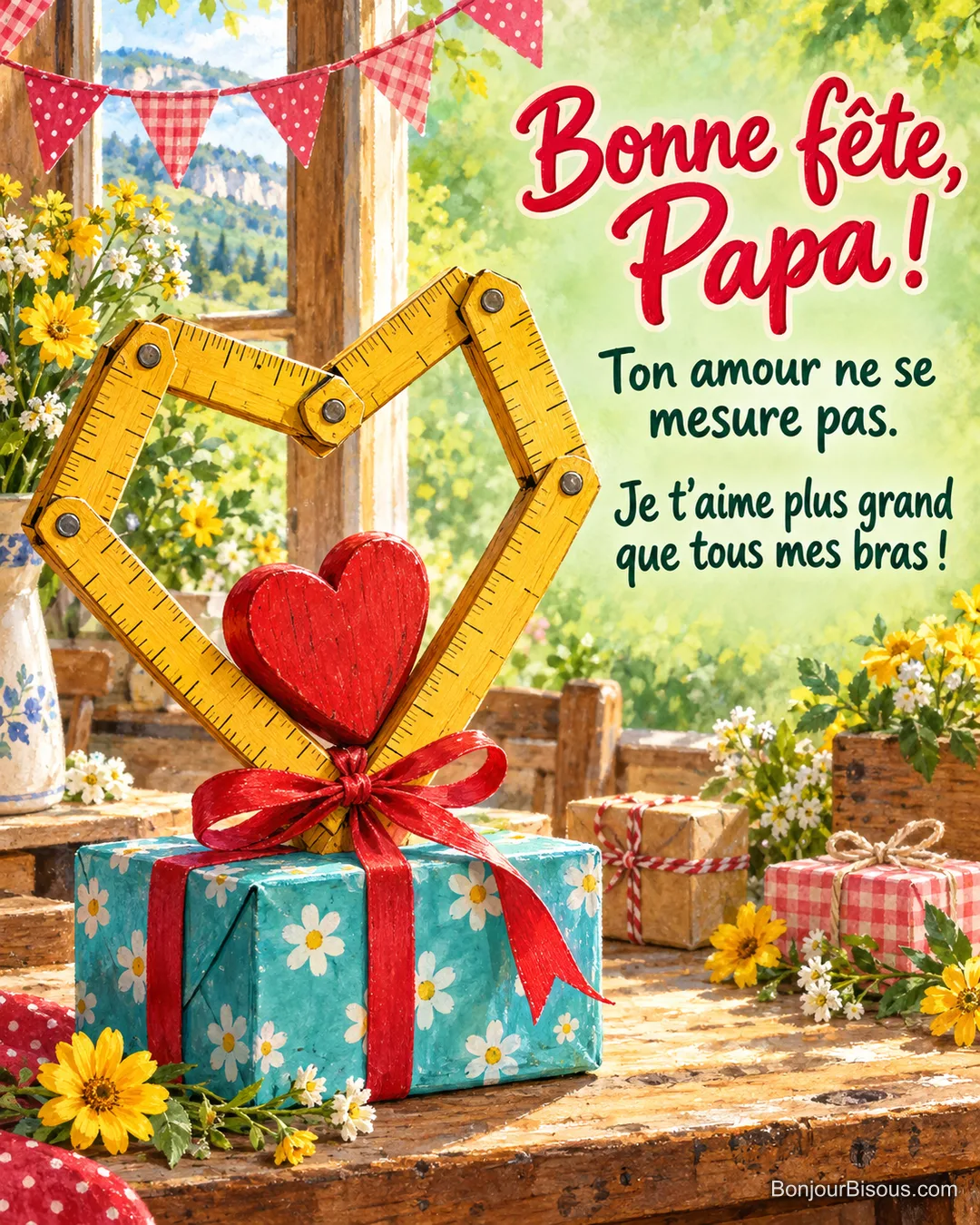 Une règle pliante de menuisier forme un grand cœur autour d’un petit cœur rouge dans un décor de fête, avec le texte « Bonne fête, Papa ! Ton amour ne se mesure pas. Je t’aime plus grand que tous mes bras ! ». Une règle pliante de menuisier forme un grand cœur autour d’un petit cœur rouge dans un décor de fête, avec le texte « Bonne fête, Papa ! Ton amour ne se mesure pas. Je t’aime plus grand que tous mes bras ! ».