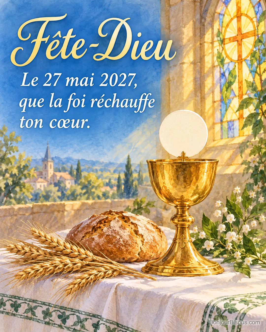 Un calice et une hostie sont entourés de pain et d’épis de blé dans une lumière dorée. Le message indique « Fête-Dieu Le 27 mai 2027, que la foi réchauffe ton cœur. ». Un calice et une hostie sont entourés de pain et d’épis de blé dans une lumière dorée. Le message indique « Fête-Dieu Le 27 mai 2027, que la foi réchauffe ton cœur. ».