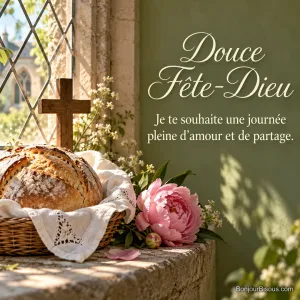 Du pain rond sur un linge blanc évoque le partage, avec une croix et des pivoines roses. Le message indique « Douce Fête-Dieu Je te souhaite une journée pleine d’amour et de partage. ».
