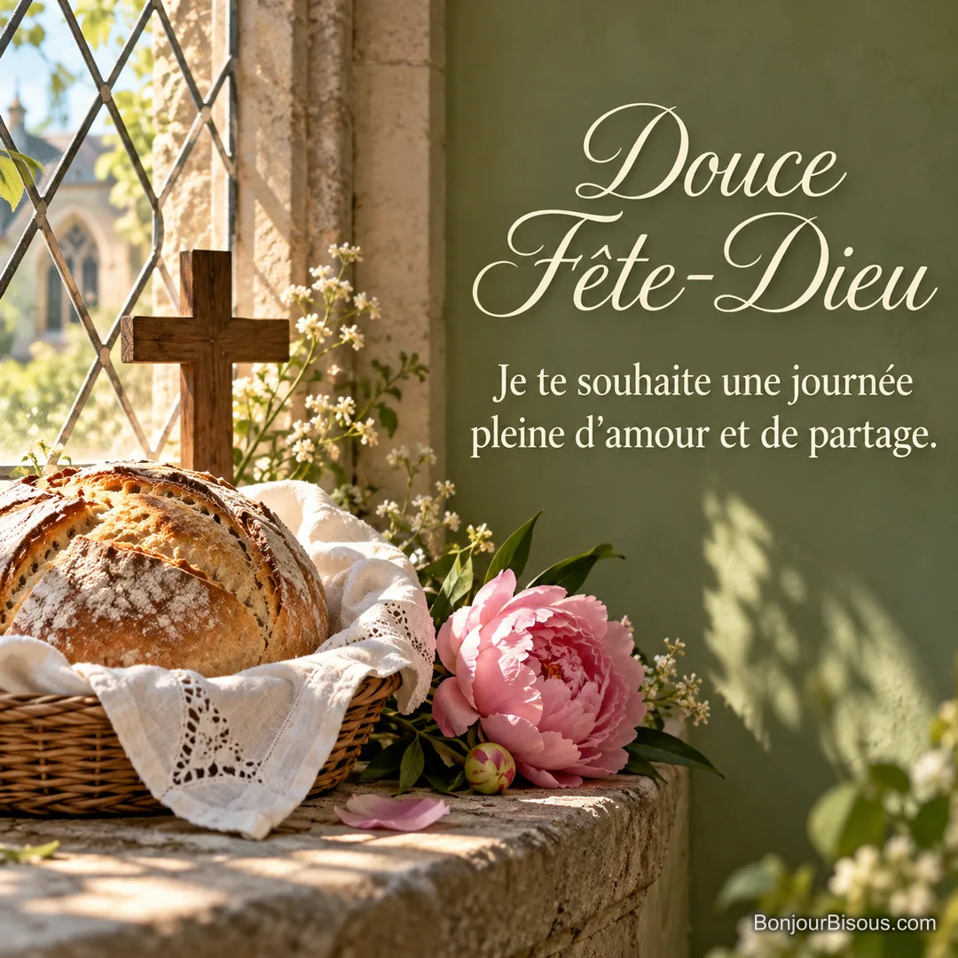 Du pain rond sur un linge blanc évoque le partage, avec une croix et des pivoines roses. Le message indique « Douce Fête-Dieu Je te souhaite une journée pleine d’amour et de partage. ». Du pain rond sur un linge blanc évoque le partage, avec une croix et des pivoines roses. Le message indique « Douce Fête-Dieu Je te souhaite une journée pleine d’amour et de partage. ».