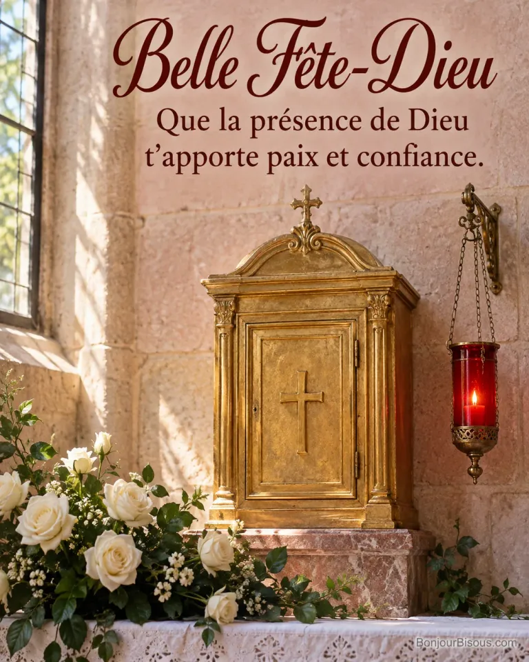 Un tabernacle fermé et une lampe rouge du sanctuaire baignent dans une lumière chaleureuse. Le message indique « Belle Fête-Dieu Que la présence de Dieu t’apporte paix et confiance. ».