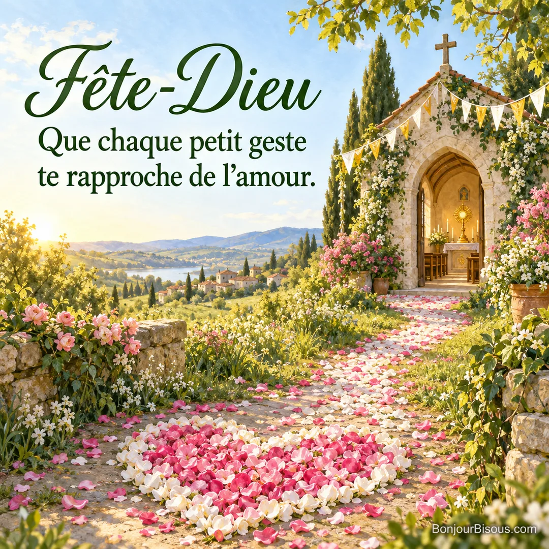 Un chemin de pétales blancs et roses conduit à une chapelle décorée de blanc et d’or. Le message indique « Fête-Dieu Que chaque petit geste te rapproche de l’amour. ». Un chemin de pétales blancs et roses conduit à une chapelle décorée de blanc et d’or. Le message indique « Fête-Dieu Que chaque petit geste te rapproche de l’amour. ».