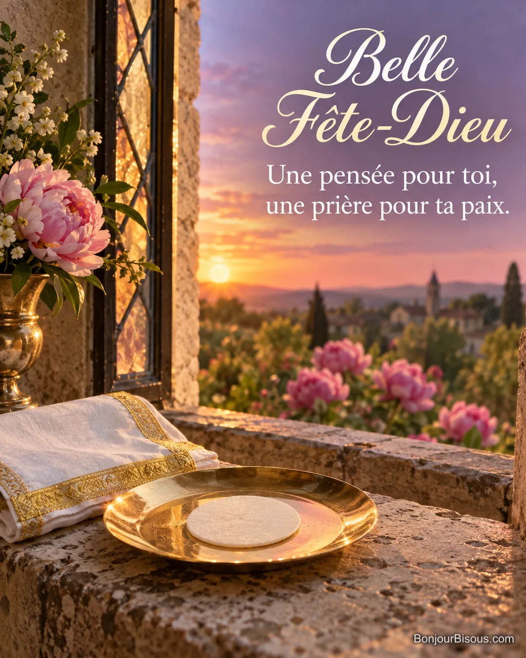 Une hostie sur une patène dorée repose près d’un linge blanc dans la lumière du soir. Le message indique « Belle Fête-Dieu Une pensée pour toi, une prière pour ta paix. ». Une hostie sur une patène dorée repose près d’un linge blanc dans la lumière du soir. Le message indique « Belle Fête-Dieu Une pensée pour toi, une prière pour ta paix. ».