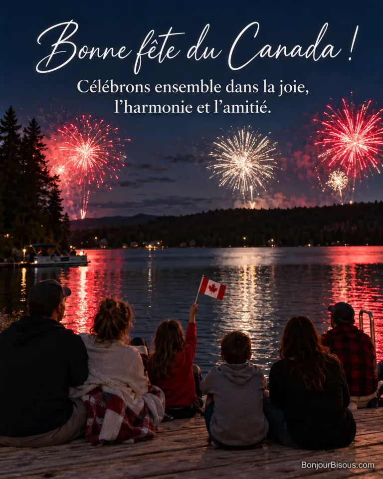 Photo d’un groupe vu de dos sur un ponton au bord d’un lac, un enfant agite un drapeau à feuille d’érable devant un feu d’artifice rouge et blanc, avec le texte « Bonne fête du Canada ! Célébrons ensemble dans la joie, l’harmonie et l’amitié. »