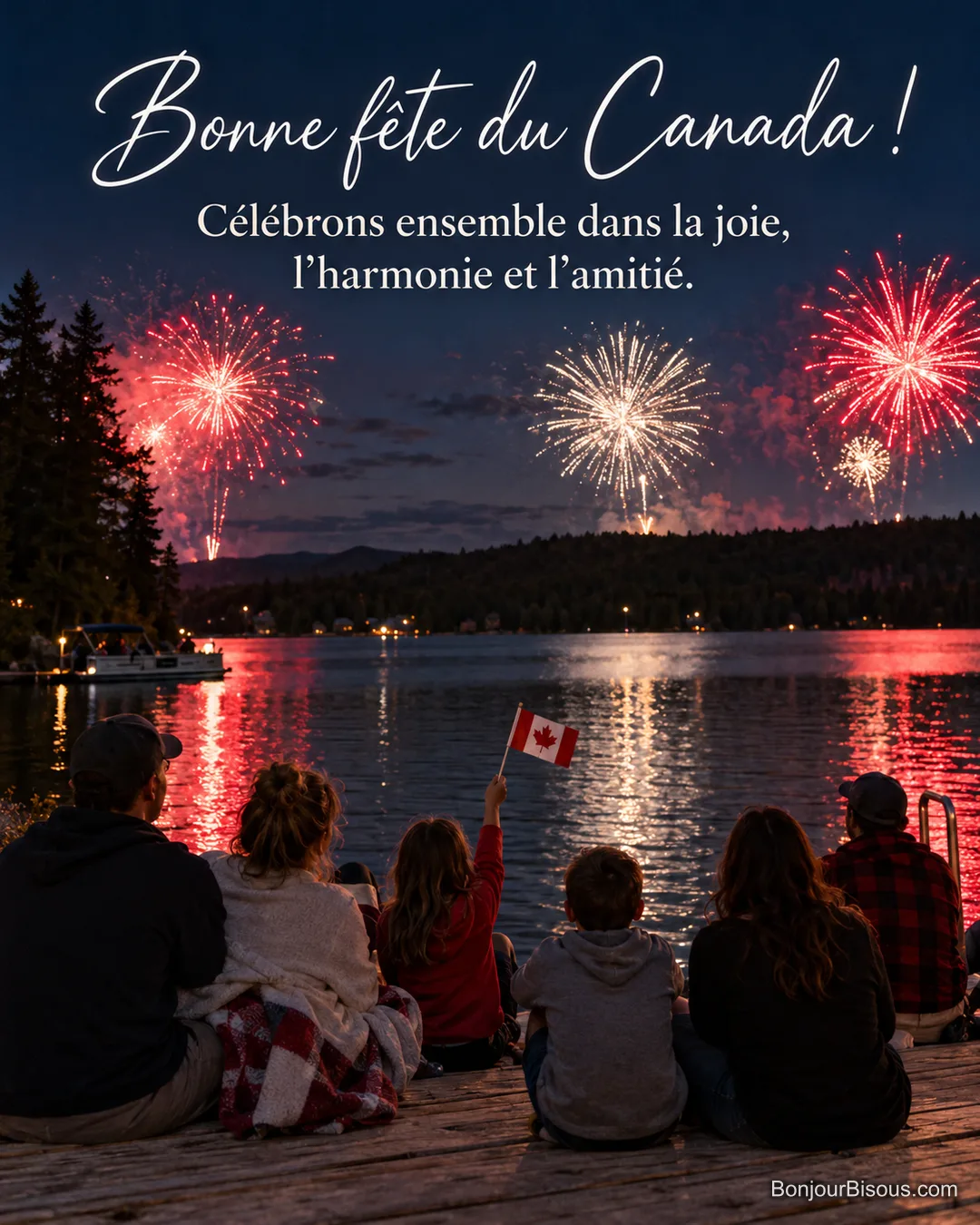 Photo d’un groupe vu de dos sur un ponton au bord d’un lac, un enfant agite un drapeau à feuille d’érable devant un feu d’artifice rouge et blanc, avec le texte « Bonne fête du Canada ! Célébrons ensemble dans la joie, l’harmonie et l’amitié. » Photo d’un groupe vu de dos sur un ponton au bord d’un lac, un enfant agite un drapeau à feuille d’érable devant un feu d’artifice rouge et blanc, avec le texte « Bonne fête du Canada ! Célébrons ensemble dans la joie, l’harmonie et l’amitié. »