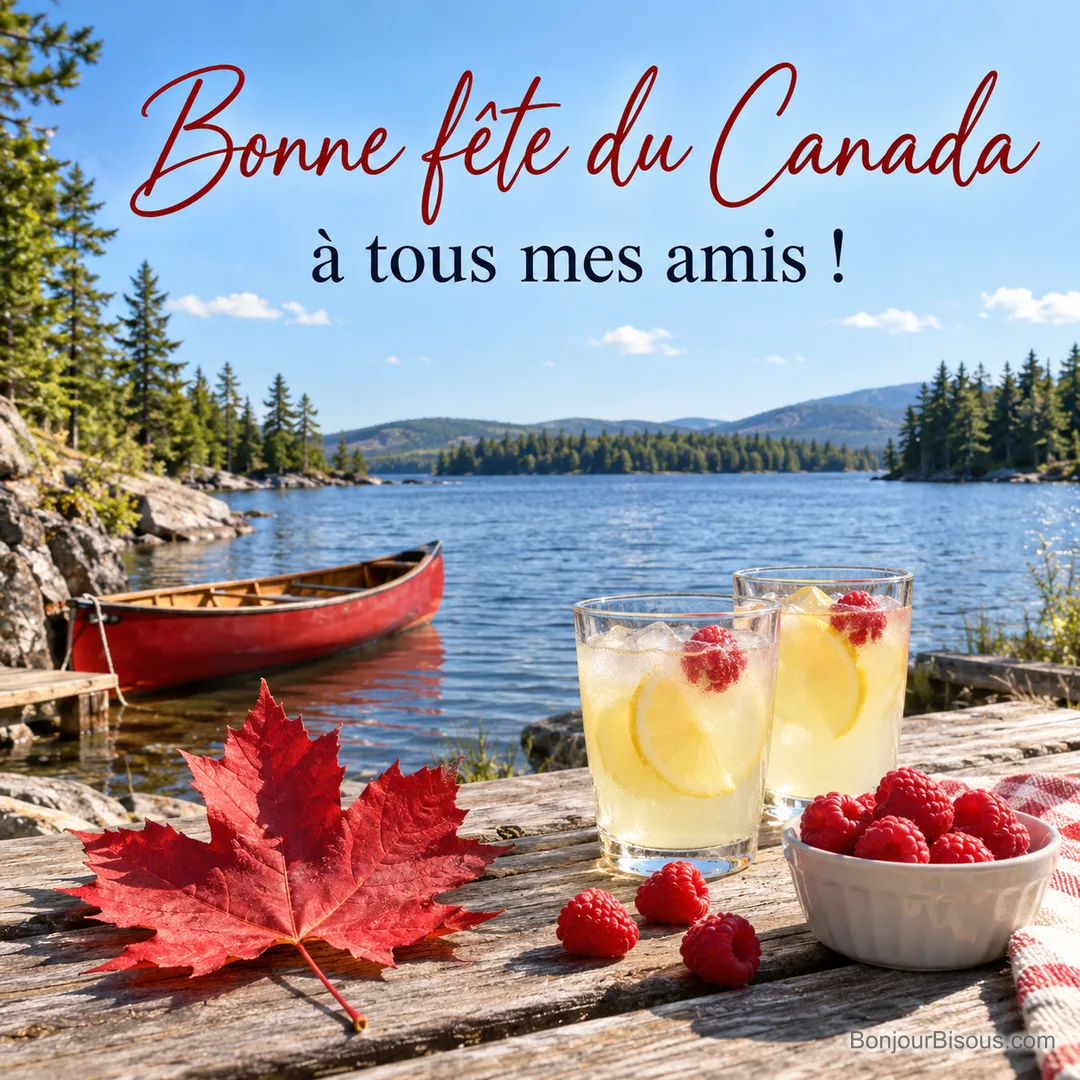 Photo d’une feuille d’érable rouge, de deux verres de limonade et d’un bol de framboises sur une table en bois au bord d’un lac, un canoë rouge et des pins, avec le texte « Bonne fête du Canada à tous mes amis ! » Photo d’une feuille d’érable rouge, de deux verres de limonade et d’un bol de framboises sur une table en bois au bord d’un lac, un canoë rouge et des pins, avec le texte « Bonne fête du Canada à tous mes amis ! »