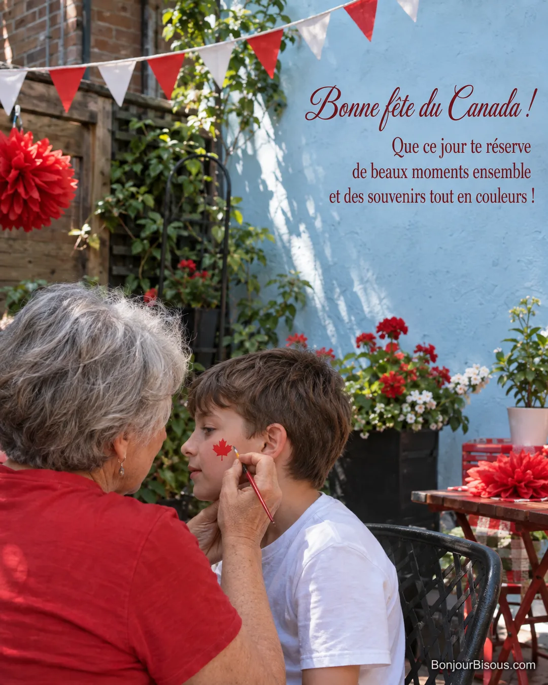 Une grand-mère peint une feuille d’érable sur la joue d’un garçon dans une cour montréalaise en fête, avec le texte « Bonne fête du Canada ! Que ce jour te réserve de beaux moments ensemble et des souvenirs tout en couleurs ! ». Une grand-mère peint une feuille d’érable sur la joue d’un garçon dans une cour montréalaise en fête, avec le texte « Bonne fête du Canada ! Que ce jour te réserve de beaux moments ensemble et des souvenirs tout en couleurs ! ».
