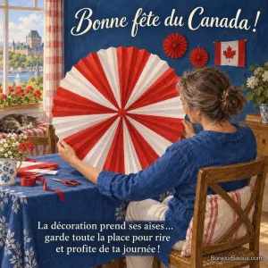 Une femme déplie une grande rosace rouge et blanche près d’un chat assoupi, dans une maison québécoise en fête, avec le texte « Bonne fête du Canada ! La décoration prend ses aises… garde toute la place pour rire et profite de ta journée ! ».
