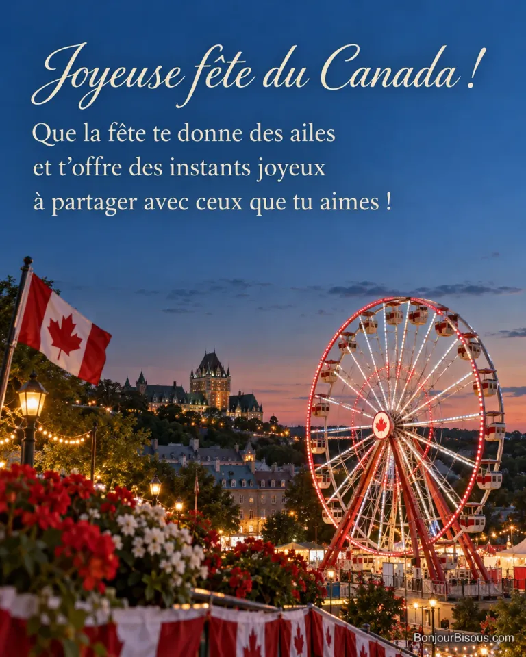 Une grande roue illuminée de rouge et de blanc anime une fête foraine canadienne au crépuscule, avec le texte « Joyeuse fête du Canada ! Que la fête te donne des ailes et t’offre des instants joyeux à partager avec ceux que tu aimes ! ».