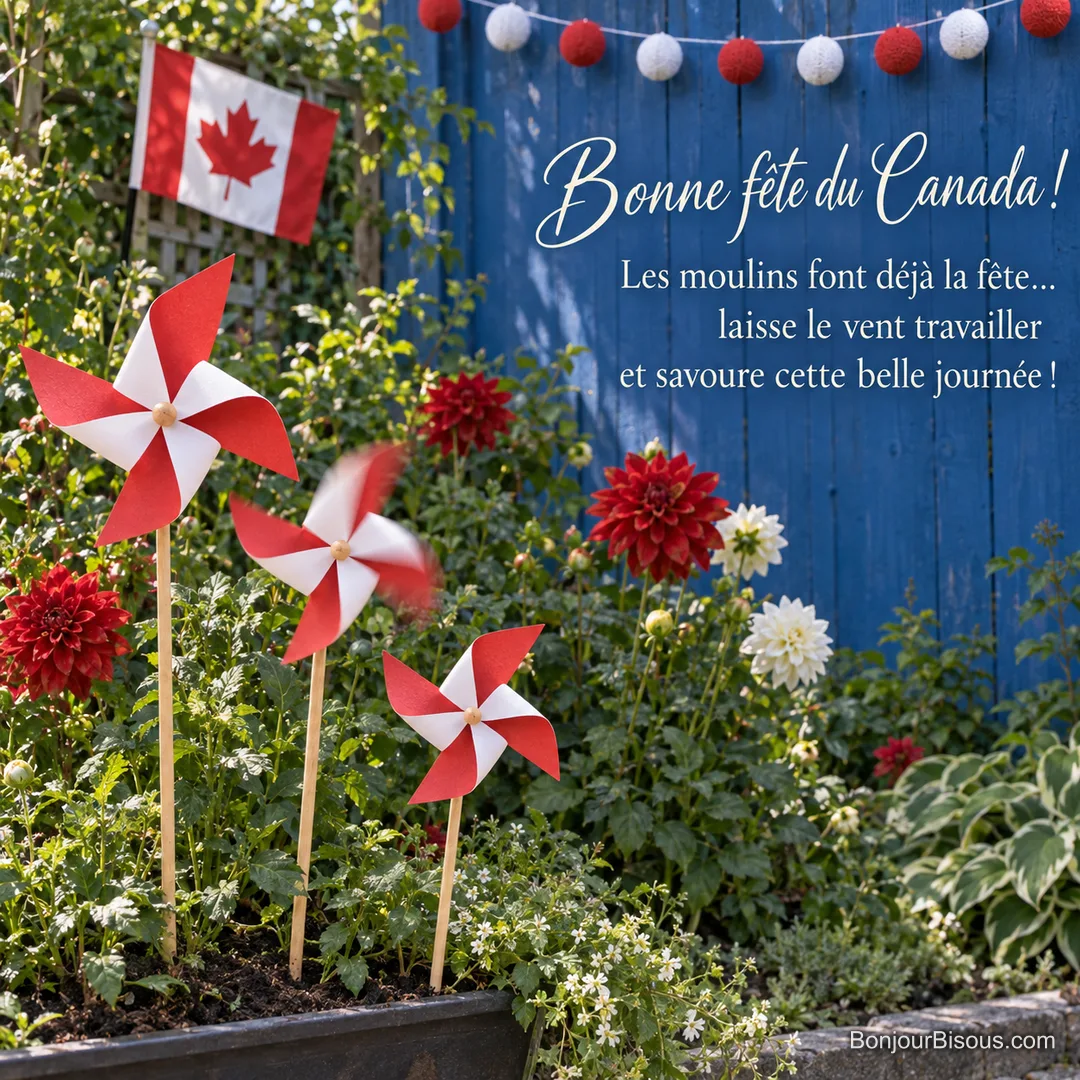 Trois moulins de papier rouges et blancs tournent dans un jardin décoré pour la fête du Canada, avec le texte « Bonne fête du Canada ! Les moulins font déjà la fête… laisse le vent travailler et savoure cette belle journée ! ». Trois moulins de papier rouges et blancs tournent dans un jardin décoré pour la fête du Canada, avec le texte « Bonne fête du Canada ! Les moulins font déjà la fête… laisse le vent travailler et savoure cette belle journée ! ».