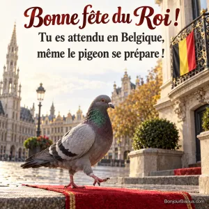 Un pigeon marche sur un petit tapis rouge sous un drapeau belge, avec le texte « Bonne fête du Roi ! Tu es attendu en Belgique, même le pigeon se prépare ! ».