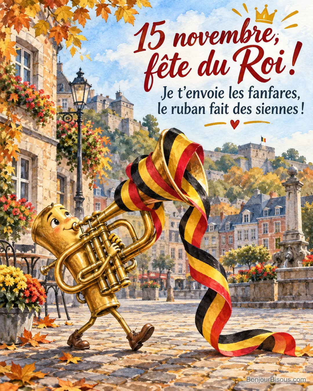 Un instrument de fanfare joyeux se prend dans un ruban aux couleurs belges, avec le texte « 15 novembre, fête du Roi ! Je t’envoie les fanfares, le ruban fait des siennes ! ». Un instrument de fanfare joyeux se prend dans un ruban aux couleurs belges, avec le texte « 15 novembre, fête du Roi ! Je t’envoie les fanfares, le ruban fait des siennes ! ».