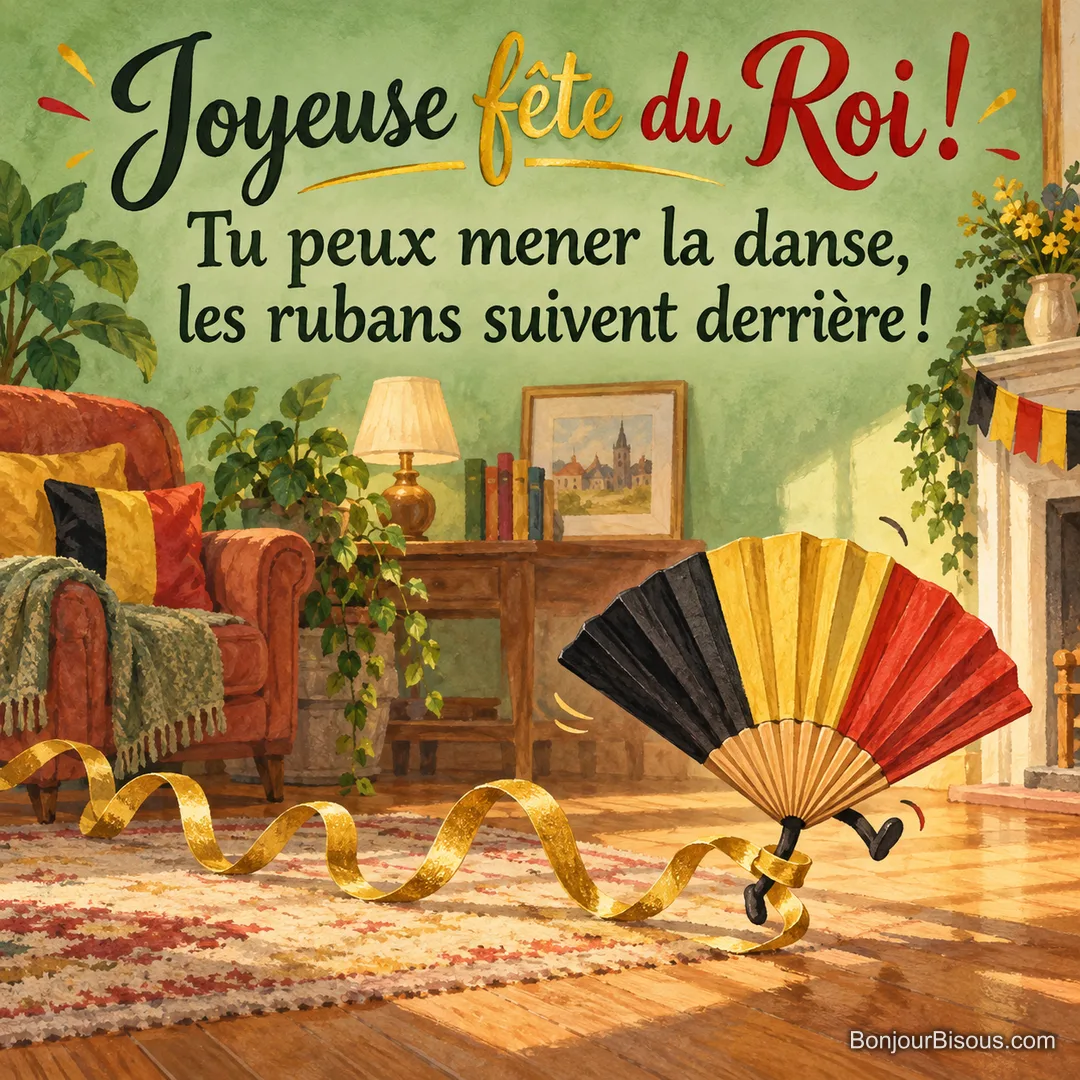 Un éventail de papier aux couleurs belges avance dans un long serpentin doré, avec le texte « Joyeuse fête du Roi ! Tu peux mener la danse, les rubans suivent derrière ! ». Un éventail de papier aux couleurs belges avance dans un long serpentin doré, avec le texte « Joyeuse fête du Roi ! Tu peux mener la danse, les rubans suivent derrière ! ».