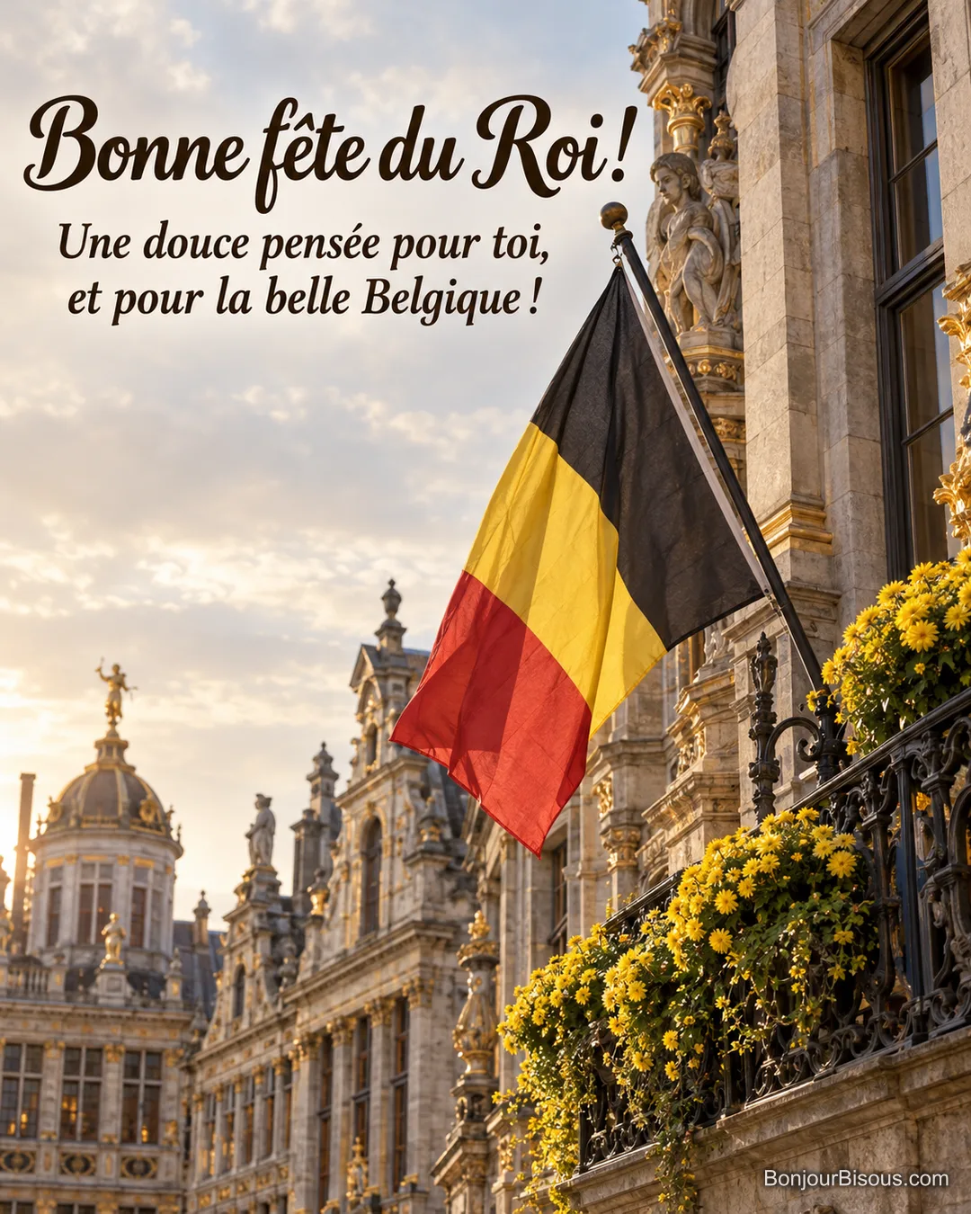 Un drapeau belge flotte sur un balcon fleuri de la Grand-Place de Bruxelles, avec le texte « Bonne fête du Roi ! Une douce pensée pour toi, et pour la belle Belgique ! ». Un drapeau belge flotte sur un balcon fleuri de la Grand-Place de Bruxelles, avec le texte « Bonne fête du Roi ! Une douce pensée pour toi, et pour la belle Belgique ! ».