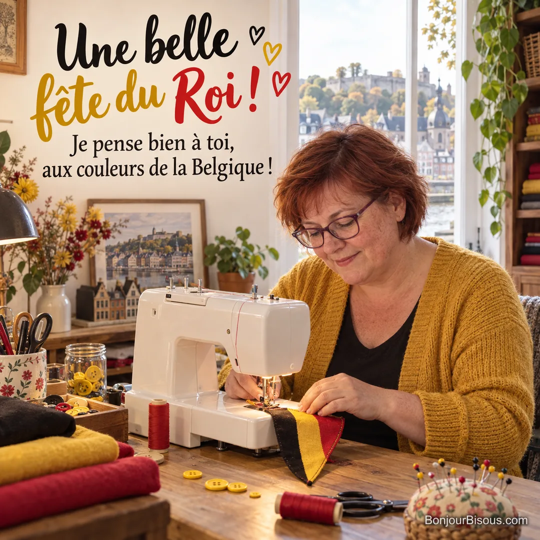Une couturière namuroise prépare un petit fanion belge dans son atelier, avec le texte « Une belle fête du Roi ! Je pense bien à toi, aux couleurs de la Belgique ! ». Une couturière namuroise prépare un petit fanion belge dans son atelier, avec le texte « Une belle fête du Roi ! Je pense bien à toi, aux couleurs de la Belgique ! ».