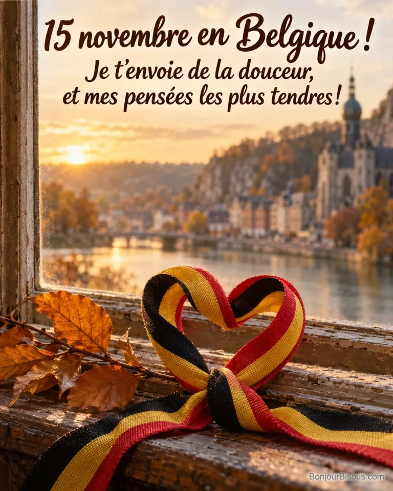 Un ruban aux couleurs belges forme un cœur près d’une fenêtre donnant sur Dinant, avec le texte « 15 novembre en Belgique ! Je t’envoie de la douceur, et mes pensées les plus tendres ! ».