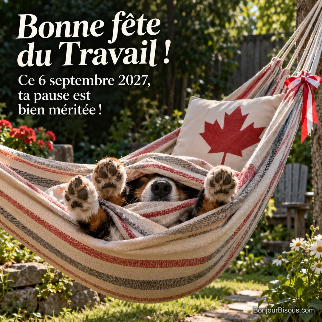 Au matin d’un jardin canadien, un chiot berger tricolore adulte s’est roulé dans le hamac et n’en laisse dépasser que ses quatre pattes et sa truffe, avec le texte « Bonne fête du Travail ! Ce 6 septembre 2027, ta pause est bien méritée ! ». Au matin d’un jardin canadien, un chiot berger tricolore adulte s’est roulé dans le hamac et n’en laisse dépasser que ses quatre pattes et sa truffe, avec le texte « Bonne fête du Travail ! Ce 6 septembre 2027, ta pause est bien méritée ! ».