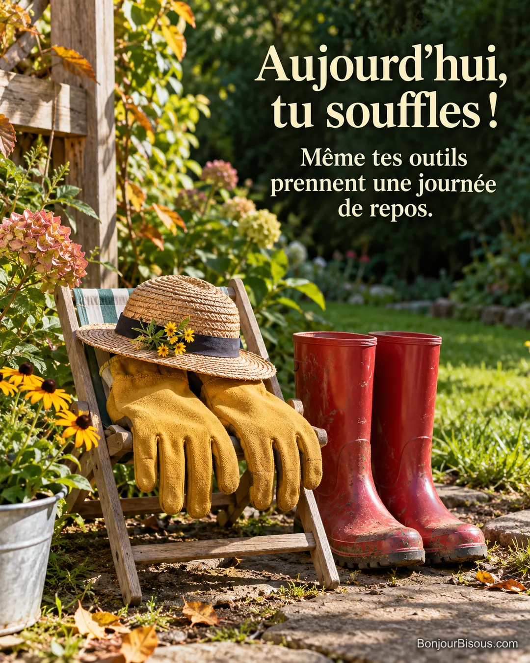 Une paire de gants de jardinage jaune moutarde en tissu est suspendue comme deux dormeurs dans une minuscule chaise longue de bois à côté de bottes canadiennes rouges, avec le texte « Aujourd’hui, tu souffles ! Même tes outils prennent une journée de repos. ». Une paire de gants de jardinage jaune moutarde en tissu est suspendue comme deux dormeurs dans une minuscule chaise longue de bois à côté de bottes canadiennes rouges, avec le texte « Aujourd’hui, tu souffles ! Même tes outils prennent une journée de repos. ».