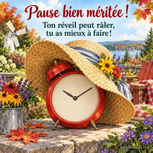 Aquarelle joyeuse d’un gros réveil mécanique rouge recouvert par un chapeau de paille trop grand, aiguilles à 10 h 10 et cadran sans chiffre ni lettre, avec le texte « Pause bien méritée ! Ton réveil peut râler, tu as mieux à faire ! ».