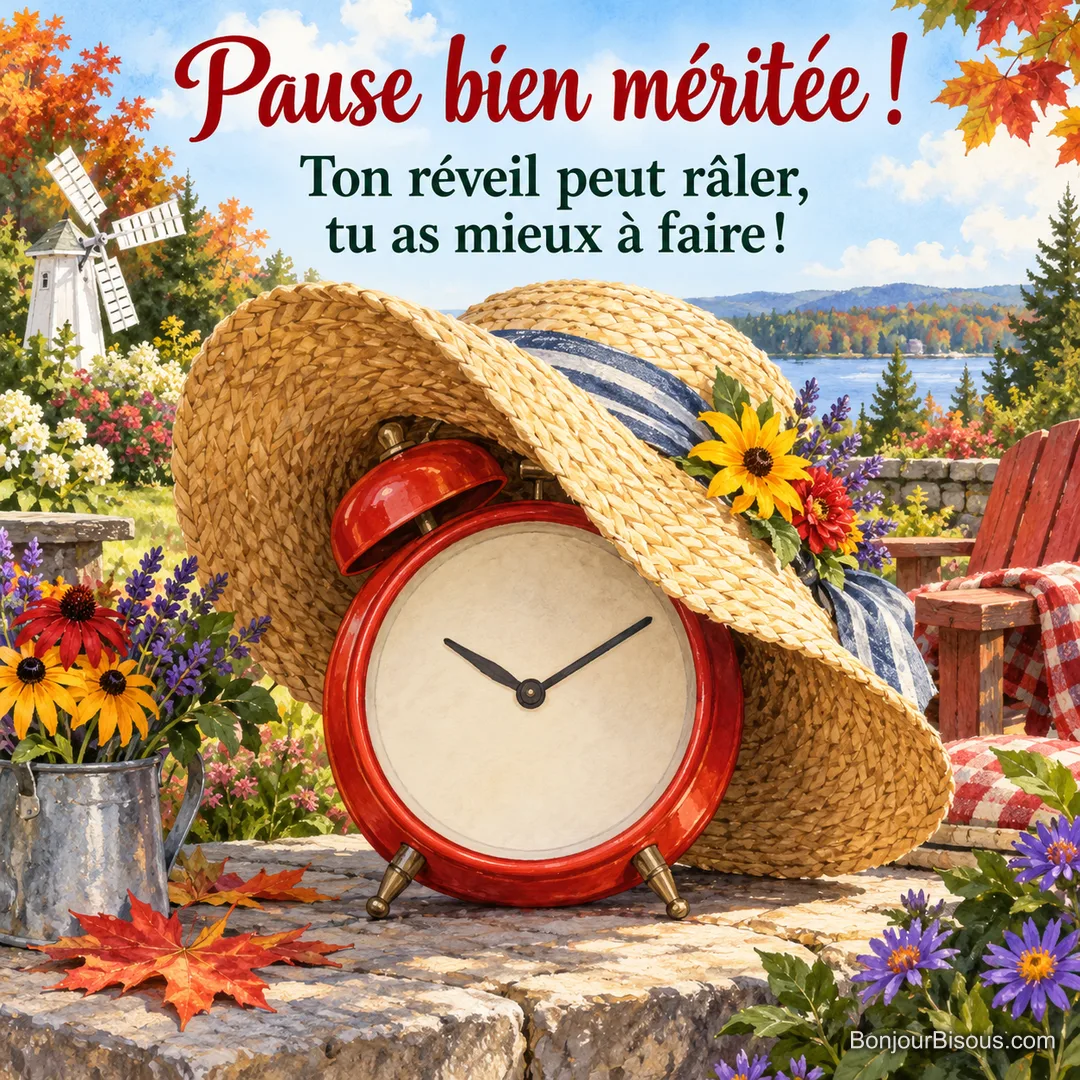 Aquarelle joyeuse d’un gros réveil mécanique rouge recouvert par un chapeau de paille trop grand, aiguilles à 10 h 10 et cadran sans chiffre ni lettre, avec le texte « Pause bien méritée ! Ton réveil peut râler, tu as mieux à faire ! ». Aquarelle joyeuse d’un gros réveil mécanique rouge recouvert par un chapeau de paille trop grand, aiguilles à 10 h 10 et cadran sans chiffre ni lettre, avec le texte « Pause bien méritée ! Ton réveil peut râler, tu as mieux à faire ! ».