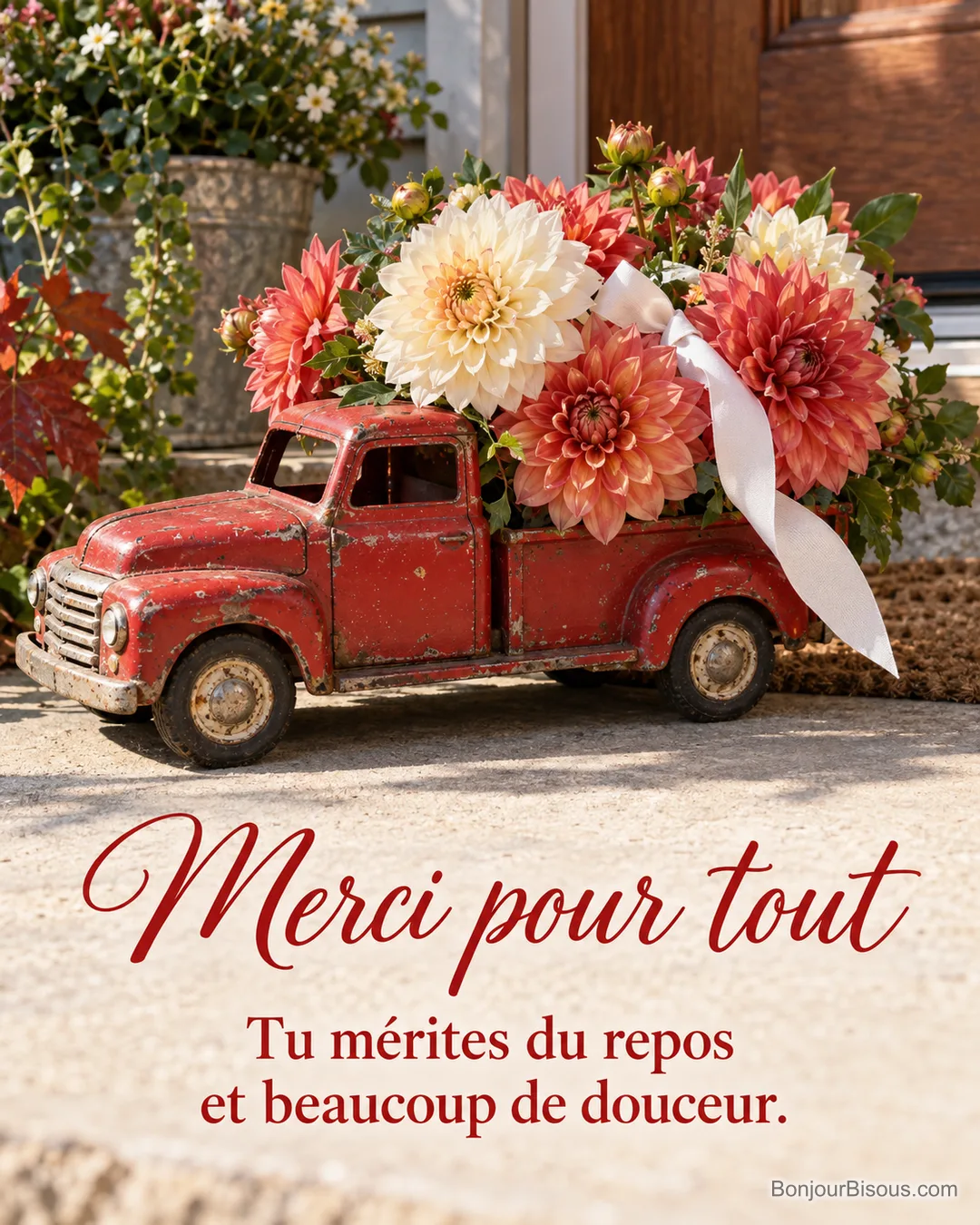 Une petite camionnette-jouet en métal rouge, usée et réaliste, est remplie de dahlias de septembre crème et corail, posée sur le seuil d’une maison canadienne, avec le texte « Merci pour tout Tu mérites du repos et beaucoup de douceur. ». Une petite camionnette-jouet en métal rouge, usée et réaliste, est remplie de dahlias de septembre crème et corail, posée sur le seuil d’une maison canadienne, avec le texte « Merci pour tout Tu mérites du repos et beaucoup de douceur. ».