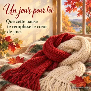 Deux écharpes de laine rouge et ivoire entrelacées avec tendresse, sur un plaid clair près d’une fenêtre donnant sur les premiers érables rougissants du Canada en septembre, avec le texte « Un jour pour toi Que cette pause te remplisse le cœur de joie. ».