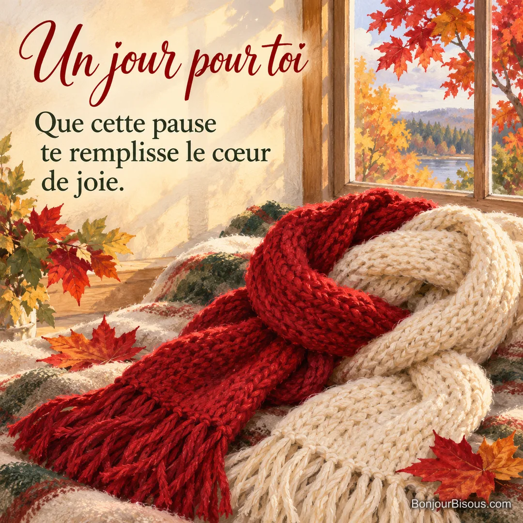 Deux écharpes de laine rouge et ivoire entrelacées avec tendresse, sur un plaid clair près d’une fenêtre donnant sur les premiers érables rougissants du Canada en septembre, avec le texte « Un jour pour toi Que cette pause te remplisse le cœur de joie. ». Deux écharpes de laine rouge et ivoire entrelacées avec tendresse, sur un plaid clair près d’une fenêtre donnant sur les premiers érables rougissants du Canada en septembre, avec le texte « Un jour pour toi Que cette pause te remplisse le cœur de joie. ».