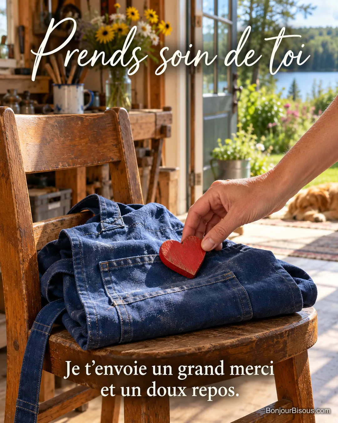 Dans un atelier canadien ouvert sur un jardin à midi, un tablier bleu de travail est plié avec amour sur une chaise tandis qu’une main seule dépose un petit cœur de bois rouge dessus, avec le texte « Prends soin de toi Je t’envoie un grand merci et un doux repos. ». Dans un atelier canadien ouvert sur un jardin à midi, un tablier bleu de travail est plié avec amour sur une chaise tandis qu’une main seule dépose un petit cœur de bois rouge dessus, avec le texte « Prends soin de toi Je t’envoie un grand merci et un doux repos. ».