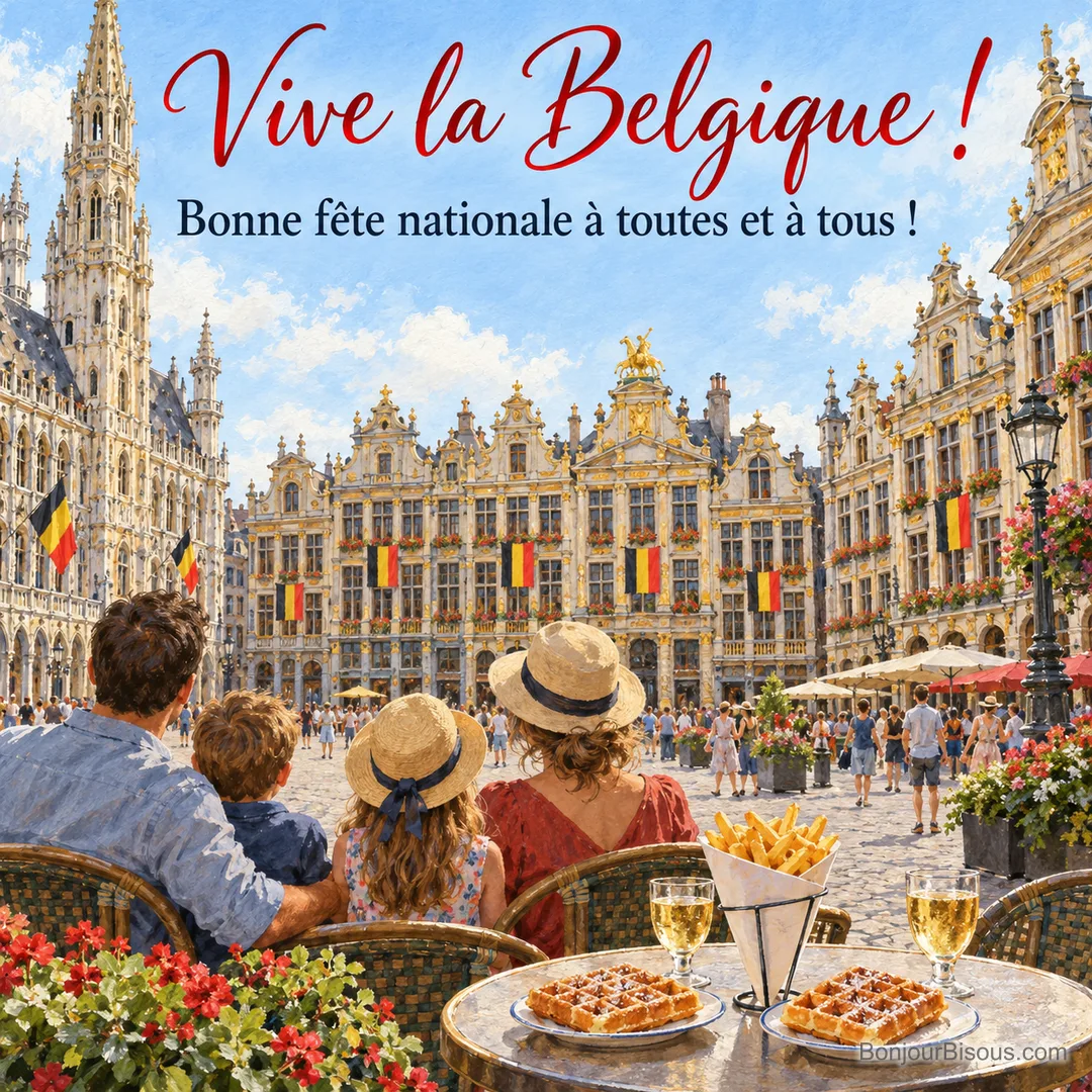 Peinture d’une famille vue de dos en terrasse sur la Grand-Place de Bruxelles décorée de drapeaux belges, avec frites, gaufres et verres sur la table, avec le texte « Vive la Belgique ! Bonne fête nationale à toutes et à tous ! » Peinture d’une famille vue de dos en terrasse sur la Grand-Place de Bruxelles décorée de drapeaux belges, avec frites, gaufres et verres sur la table, avec le texte « Vive la Belgique ! Bonne fête nationale à toutes et à tous ! »