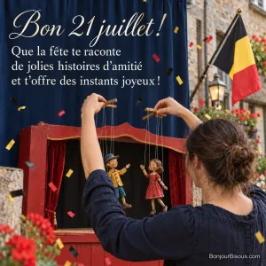 Une marionnettiste anime deux poupées en bois dans un petit théâtre décoré aux couleurs belges, avec le texte « Bon 21 juillet ! Que la fête te raconte de jolies histoires d’amitié et t’offre des instants joyeux ! ».