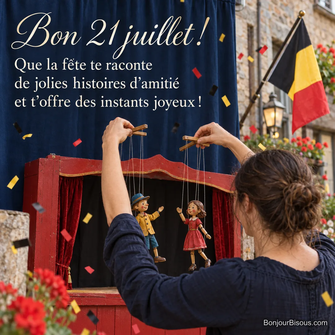 Une marionnettiste anime deux poupées en bois dans un petit théâtre décoré aux couleurs belges, avec le texte « Bon 21 juillet ! Que la fête te raconte de jolies histoires d’amitié et t’offre des instants joyeux ! ». Une marionnettiste anime deux poupées en bois dans un petit théâtre décoré aux couleurs belges, avec le texte « Bon 21 juillet ! Que la fête te raconte de jolies histoires d’amitié et t’offre des instants joyeux ! ».