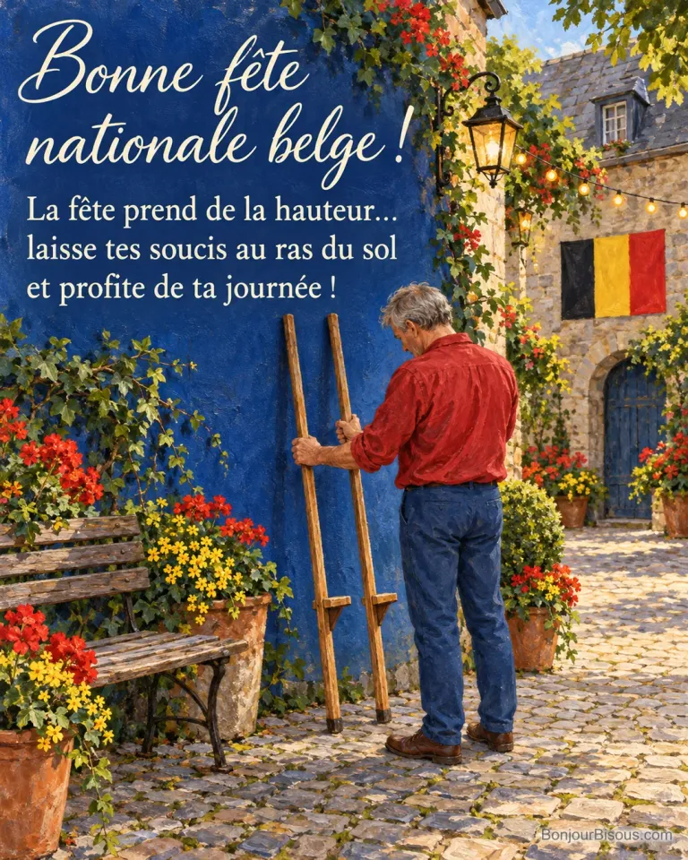 Un homme examine deux échasses en bois dans une cour de Namur décorée pour le 21 juillet, avec le texte « Bonne fête nationale belge ! La fête prend de la hauteur… laisse tes soucis au ras du sol et profite de ta journée ! ».
