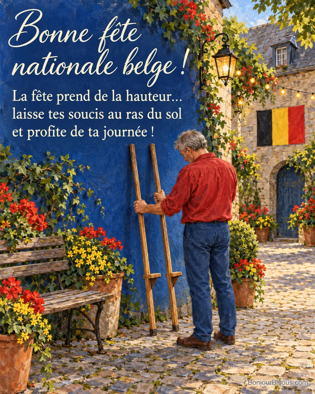 Un homme examine deux échasses en bois dans une cour de Namur décorée pour le 21 juillet, avec le texte « Bonne fête nationale belge ! La fête prend de la hauteur… laisse tes soucis au ras du sol et profite de ta journée ! ». Un homme examine deux échasses en bois dans une cour de Namur décorée pour le 21 juillet, avec le texte « Bonne fête nationale belge ! La fête prend de la hauteur… laisse tes soucis au ras du sol et profite de ta journée ! ».